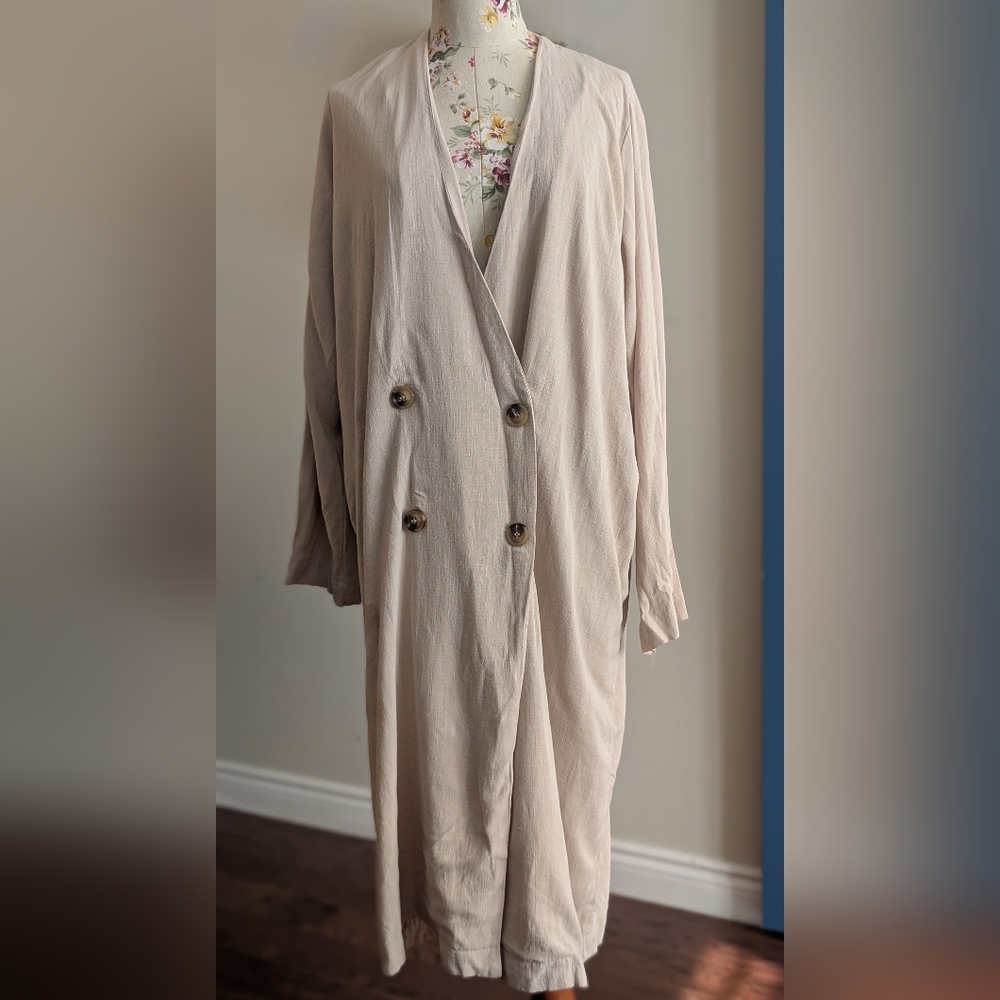 OAK + FORT Neutral Linen Blend Long Trench Coat-01